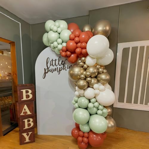 Image of Fall Balloons Set, 12 Inch Thanksgiving Balloons, Retro Burnt Terracotta Rust Orange Dusty Sage Mint Green White Metallic Gold Latex Balloon for Thanksgiving Autumn Harvest Fall Birthday Decorations