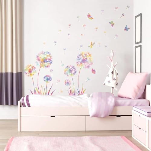 KAIRNE Wandtattoo Pusteblume,Blumen Wandtattoo für Kinderzimmer Mädchen,Bunt Wandsticker Löwenzahn für Schlafzimmer,Pflanzen Blumen Wandaufkleber für Wohnzimmer Babyzimmer Küche Fenster Tür Wanddeko