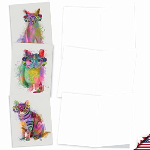 The Best Card Company - Assorted Kittens Watercolor Blank Greeting Box Set - Incl. 10 Unique Design Notecards + Envelopes for Thank You, Invitation - Funky Rainbow Cats AM6199OCB-B1x10