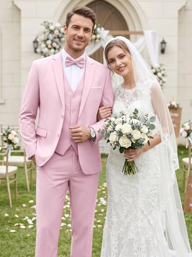 Image of WEEN CHARM Men's 3-Piece Slim Fit Suit Set-2-Button Blazer,Vest & Pants-Formal Wedding,Prom,Party & Business Tuxedo