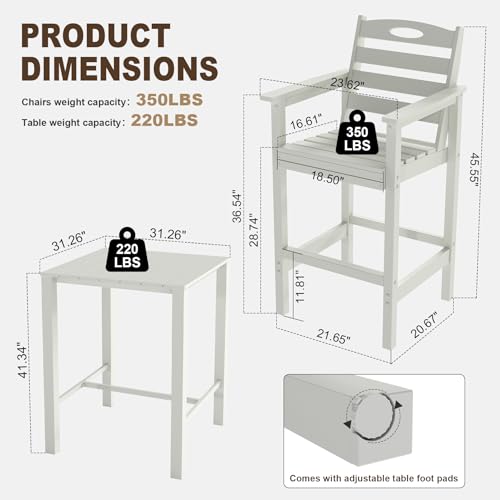 Image of Domi HDPE Adirondack Patio Table and Chairs Set of 3, Adirondack bar Height Outdoor Table and Chairs,All-Weather HDPE Outdoor Bar Set for Poolside,Patio,Backyard, White