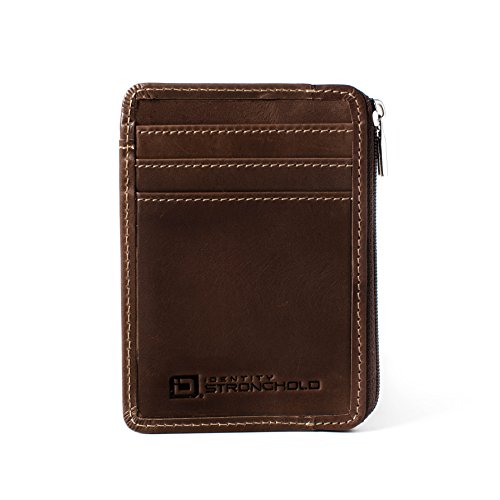 ID Stronghold - RFID Blocking Slim Minimalist Wallet - Front Pocket Wallet for Men and Women - Genuine Leather with Rugged Finish - ID Window and Zipper Compartment - The Original RFID Wallet Company