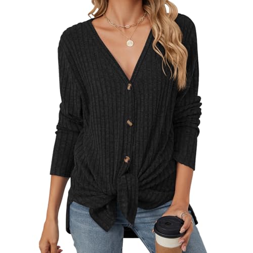 Image of Women's Long Sleeve Knit Sweater Open Front Cardigan Button Loose Outerwear Tie Front Knot Tops