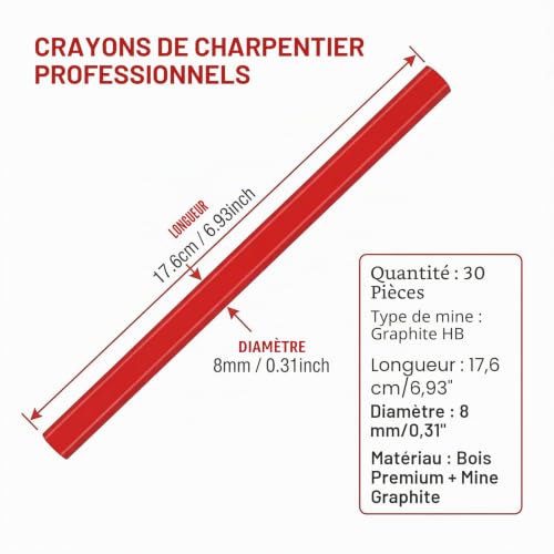YiYiLiang 30 crayons de charpentier, 17,6 mm HB Crayons de constructeur en dur pour menuisiers, lot de crayons de charpentier, crayons pour construction et outils de travail du bois, outils de – vue 2