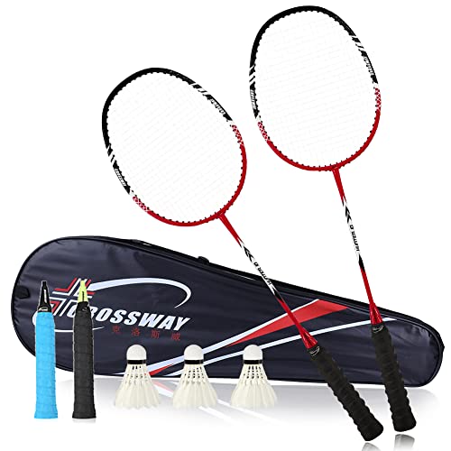Light Weight Badminton Racket Set 2 Pcs Carbon Fiber Badminton Racquet Sets High Tension Badminton Bat with Carrying Bag, 3 Shuttlecocks, 2 Grip Rubber, Red