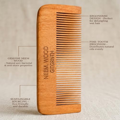 Image of GITGRNTH Natural Neem Wood Comb Set of 2 for Women & Men, Handcrafted Anti Static Wooden Hair Comb for Hair Detangling, Eco Friendly Fine Neem Wood Comb for Frizz Control & Hair Breakage Prevention