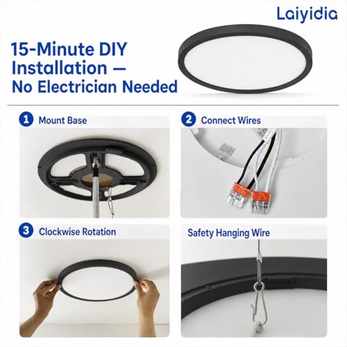 Laiyidia 6-Pack 12in Ultra Thin Flush Mount Ceiling Light, Dimmable 5CCT 2700K-6500K, 24W 2640LM, Hardwired Integrated LED Lighting Fixture for Bedroom Kitchen Hallway Laundry, Edge-lit, Black by Laiyidia - Image 7