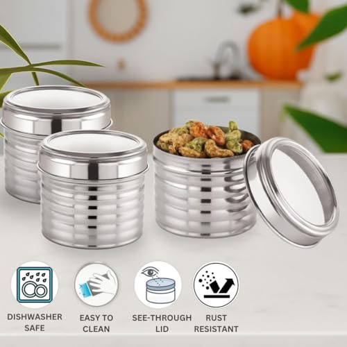 Image of Sizzle Roxy Stainless Steel Container Set with See Through Lid, Multipurpose Kitchen Storage Dabba for Spices, Grains, Dry Fruits | Leak-Proof Food Storage Organizer |460ML - 3 pcs
