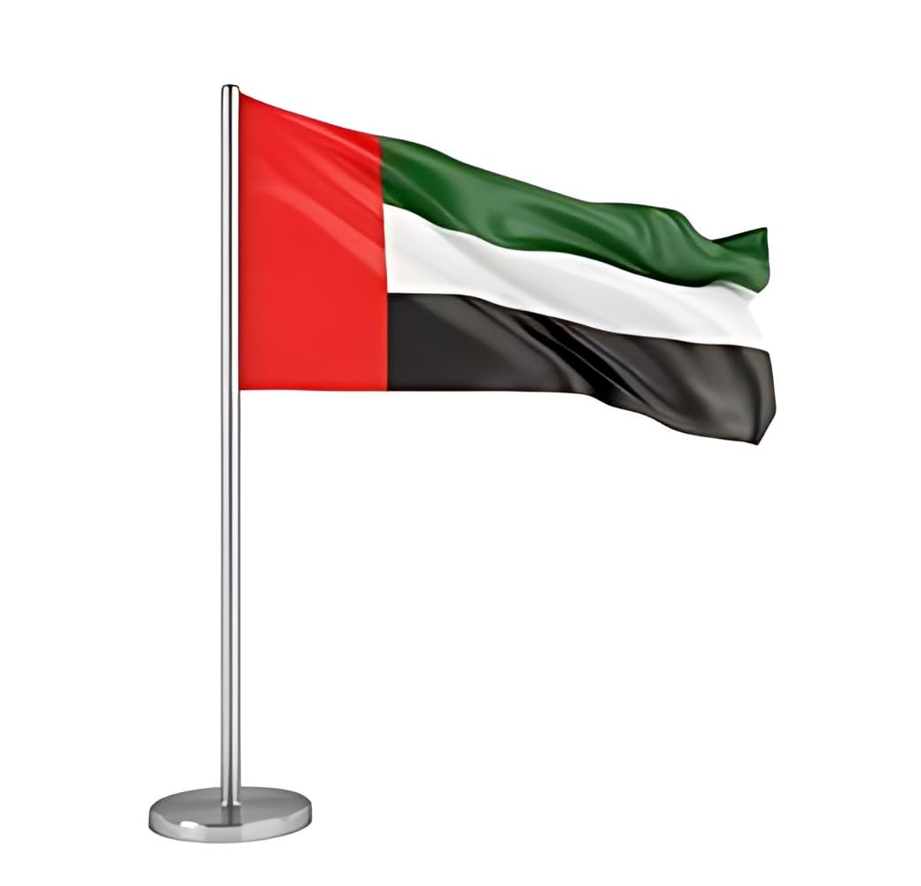 Varaq UAE National Flag Desk Metal Stand, United Arab Emirates Table Flag, Office Flag, Table Flag, Desk Flag, with Stand Base,Home/Office/Desk Decoration