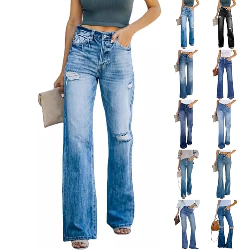 Wide Leg Jeans Woman Trendy High Waisted Stretchy Jeans Y2k Baggy Straight Leg Mom Ripped Flare Bell Bottom Jean