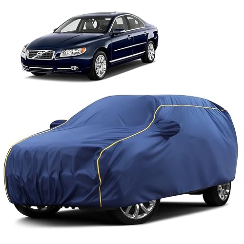 Image of Sulfar 100% Water Resistant Car Body Cover Compatible with Mirror for Volvo S80 (Triple Stitched, Full Bottom Elastic, Blue Taffeta with Yellow Piping)
