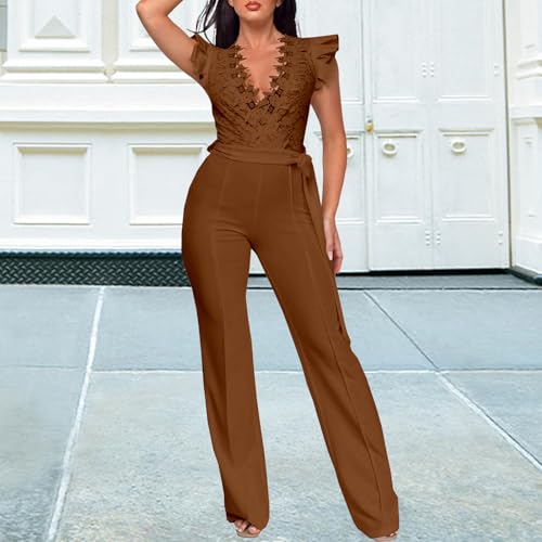 Image of PaladMom Womens Elegant Plus Size Jumpsuits Sexy Back zipper Short Sleeve Mid Waist Wide Leg Straight Rompers
