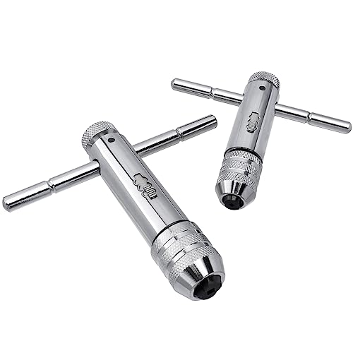 Mesee 2 Pieces T-Handle Ratchet Tap Wrench Set, Adjustable Ratcheting T Handle Tapping Holder Wrench Reversible Reamer Hand Threading Tap Wrenches Tool Fits M3-M8/ M5-M12 Metric Screw Taps