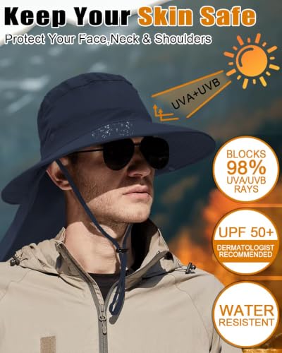 Image of Outdoor Sun Hats with Stowable Neck Flap for Men Women UPF 50+ Mesh Summer Bucket Hat Wide Brim for Fishing Safari Hiking