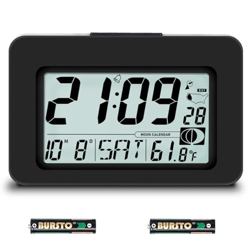 QINYUNE Handy Atomic Alarm Clock - 6'' Battery Operated Digital Clock with Seconds, Self-Setting, Auto Sync, DST, Selectable Time Zones,Portable Travel Desk Clock with 5s Touch Backlight for Bedroom