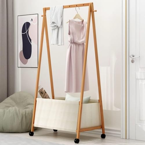Image of Lukzer Bamboo Garment Rack with Fabric Storage Basket and Wheels | Coat & Clothes Hanging Rail Free Standing Garment Hanging Rails For Home Office Hallway Bedroom (45 x 70 x 162 cm) CH-153