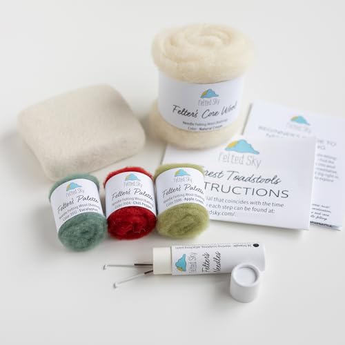 Image of Felted Sky Forest Toadstools Needle Felting Kit Learn How to Sculpt with Wool | Beginner Friendly for Adults and Teens | Includes Everything to Create a 3D Mushroom Scene | Has Video Instructions