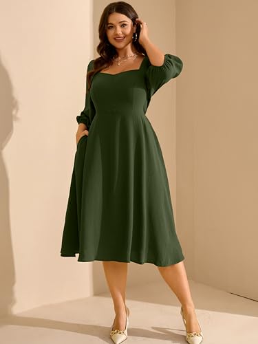 RWJ Plus Size Dress for Women Fall 3/4 Sleeve Sweetheart Neck Aline Casual Wedding Guest Formal Midi Dresses with Pockets3