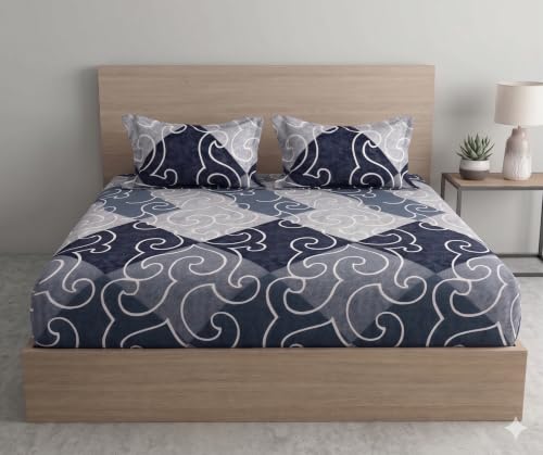 Image of DECOMIZER Cotton Feel All Around Elastic Fitted Glace Printed Queen Size Double Bed Bedsheet with 2 Large Pillow Covers Fits Upto Mattress of 8 Inches,Size - 60 x 78 x 10 Inches, Big Box Blue