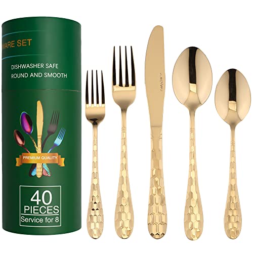 Gold Silverware Set for 8, 40-Piece Flatware Set Stainless Steel with Titanium Colorful Plated Cutlery Kitchen Utensil Flatware Set Service for 8, Knife/Fork/Spoon & Long Teaspoon/Salad Fork (Gold)