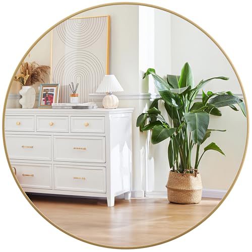 Gold Circle Mirror for Wall 32 Inch, Round Mirror, HD Eco-Friendly Round Bathroom Mirror for Over Sink, Big Matte Gold Metal Framed Wall Mirror for Wall, Vanity, Entryway, Hallway, Easy to Install