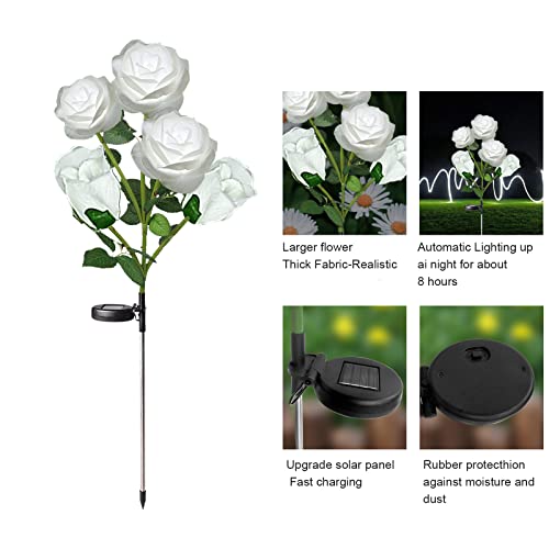 XVZ Solar Flower Outdoor Garden Lights,2 Packs Solar Garden Stake Lamps with 10 Rose Flower Waterproof Decorative Lights for Lawm Patio Yard Pathway Party Decoration(White) - Image 3