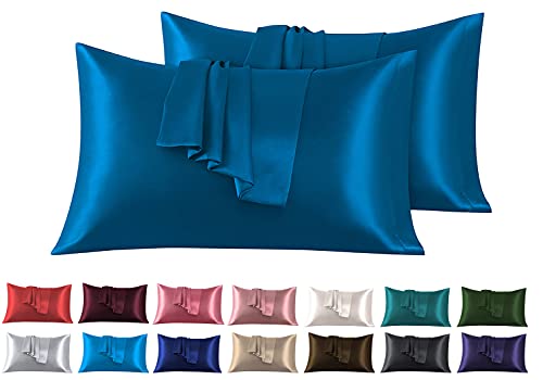 Funda de Almohada Satén 50 x 75 cm, Paquete de 2 Fundas de Almohadas Saten Pelo Rizado Súper Suaves, Fundas con Cierre de sobre, Protege Cabello y Piel, Azul Marino