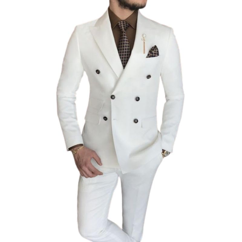 Men Suits 2 Piece White Double Breasted Slim Fit Elegant Groom Suits2