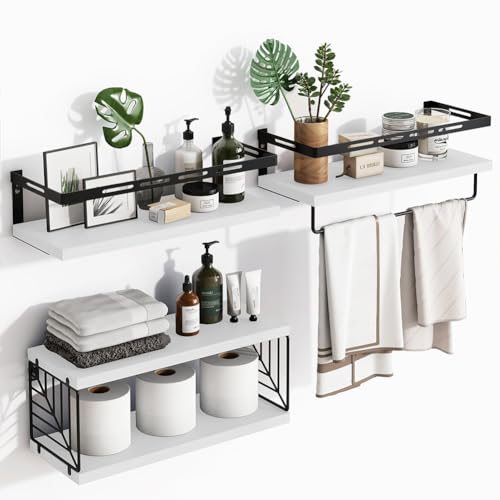 BAKAJI Set 3+1 Mensole da Parete in Legno Massiccio, Scaffali a Muro Multiuso, Staffe e Cestino in Metallo, Scaffalatura per Camera da Letto, Soggiorno, Cucina, Bagno, Libreria, Salvaspazio (Bianco)