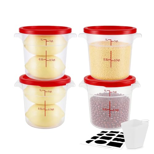 WELKOR Round Food Storage Containers with Lids, 4 Sets,BPA-Free Plastic Canisters for Kitchen Pantry, Stackable Organization Bulk Dry Food Containers (Red, 1QT-4pack)