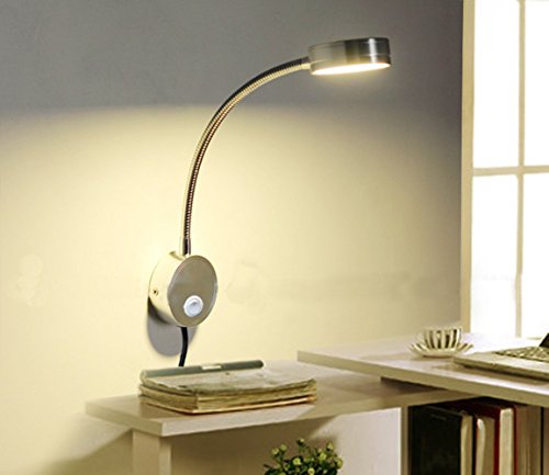 WeFoonLo 5W Wall Mounted Reading Light Flexible Gooseneck LED Sconce Lamp with Plug & Switch for Bedroom, Office, Workbench, Studio (03 Silver Cool)