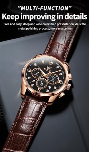 Image of OLEVS Watches for Men Original Analog Quartz Stylish Brown Leather Luxury Business Chronograph Waterproof Date Mens Wrist Watch