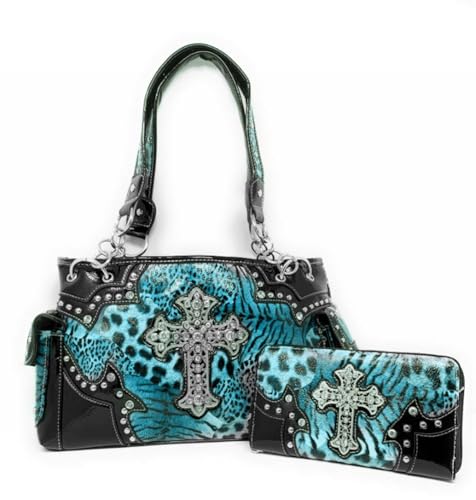 western rhinestone cross leopard concealed carry handbag with matching wallets in 3 colors