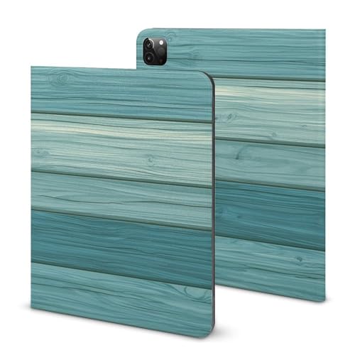 Coque iPad Pro 11 slim motif grain de bois cyan rétro avec support et porte-crayon pour réveil auto