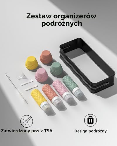 100/50 ml Silikonowe Flakony na Podróże z Etykietą, Zestaw 8 Pojemników na Flakony Podróżne z Kosmetyczką, Butelki Podróżne Wielokrotnego Użytku do Szamponu, Odżywki, Kremów