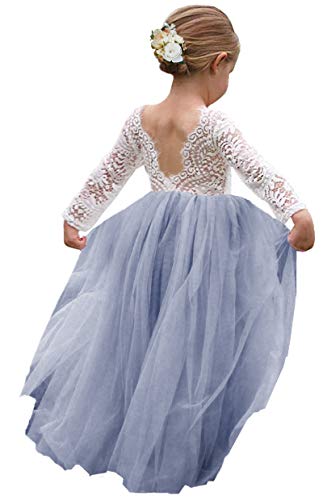 Girl Toddler Full-Length Straight Tulle Tutu Lace Back Party Flower Girl Dress (2-3T, Sleeve-Gray)
