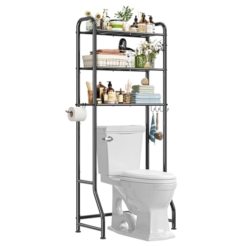 Image of Simple Trending Over The Toilet Storage Rack, Metal 3 Tier Bathroom Organizer Shelf with Paper Holder and 3 Hooks, Freestanding Shelf Space Saver Above Toilet,Black