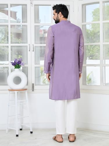 Image of See Designs Men's Full Sleeve Mandarin Collar Embossed Printed Cotton Chanderi Straight Long Kurta with Pyjama - Festive Collection