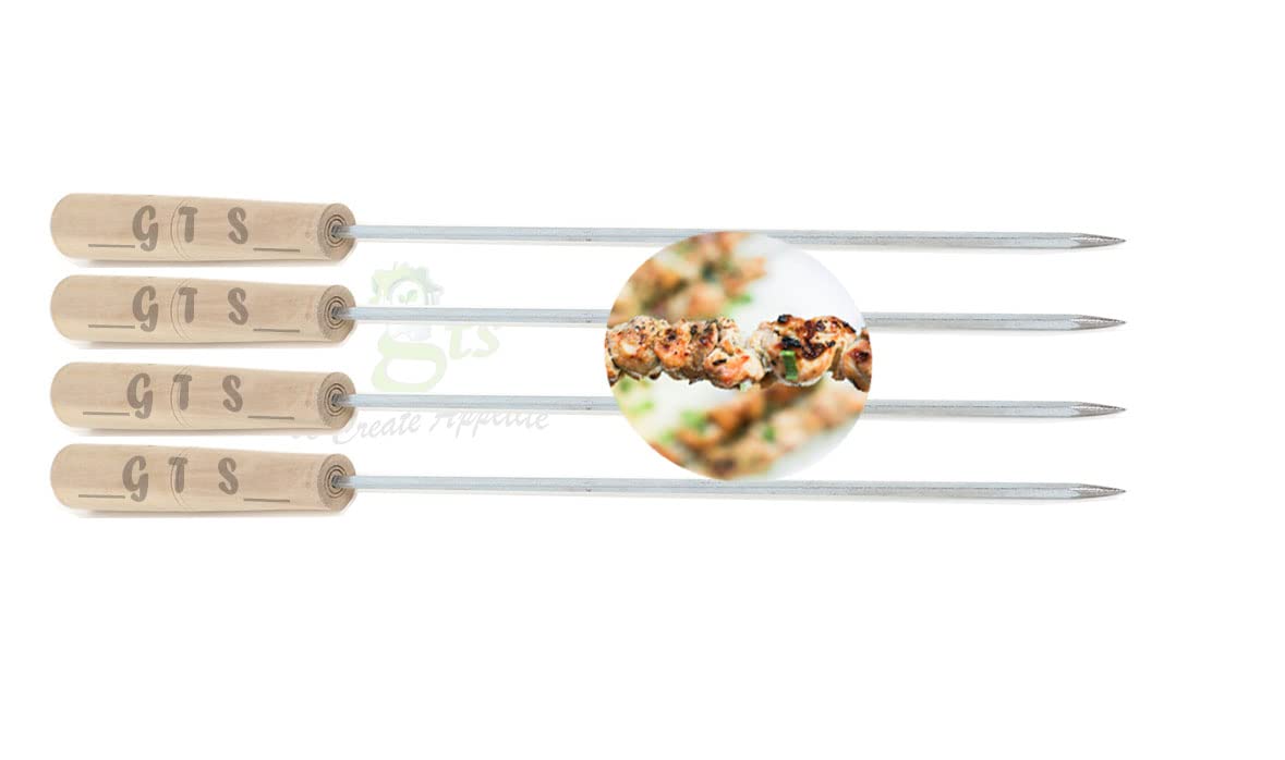 GreenUniverse 4 mm Square & Strong Tandoor Steel Sticks 14.5 Inches - Coated Barbecue Skewers for Grill - BBQ Stainless Seekh With Wooden Handle (Pack of 4)