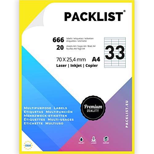 PACKLIST 666 Etiquetas Adhesivas A4 Blancas 70 x 25,4 mm. 20 Hojas Papel Pegatina para Imprimir A4, 33 Etiquetas por Hoja - Papel Adhesivo para Imprimir - Papel de Pegatina para Imprimir Premium