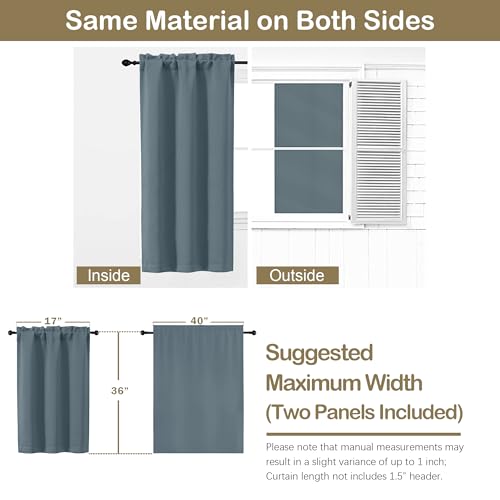Image of Stone Blue Blackout Curtains for Small Window Treatment, Light Blocking Short Kitchen Window Curtains Over Sink, Dual Rod Pocket Half Window Tiers for Bathroom Basement, Each 40 inch Wx36 L, 2 PCS