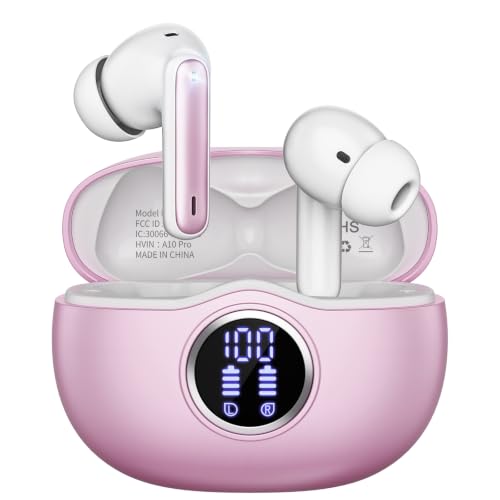 Fhumsh Wireless Earbuds, Bluetooth 5.3 Headphones HiFi Stereo 50H Playback LED Digital Display Ear Buds with ENC Noise Canceling Headset, IPX7 Waterproof Earphones for Gym/Running/Work(Pink)