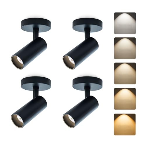 Image of LED Ceiling Spotlight 5CCT 2700K /3000K /3500K /4000K /6000K Selectable Dimmable,Spot Lights Indoor Adjustable Flush Mount Lights Fixture 12W CRI 90+ Tilt Angle Accent Lighting, Black, 4 Packs