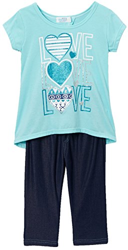 Image of ToBeInStyle Girl's 2 Piece Outfit Layered Top & Capri Jeggings Set Casual Denim Look Leggings