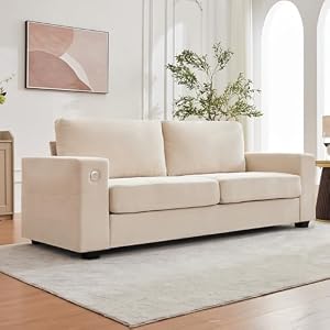 IDEALHOUSE 90″ Modern Couches for Living Room, Chenille Fabric Loveseat Sofa with USB & Type-c Charging Ports, Removable Cushion Cover, Side Pocket, Sturdy Wood Frame, for Apartment or Home, Beige