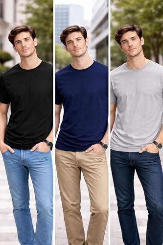 Image of Men's Round Neck T-Shirt Combo Pack (Pack of 3) | 100% Cotton 200 GSM | Bio-Washed | Soft & Breathable | Regular Fit Plain T-Shirts for Men