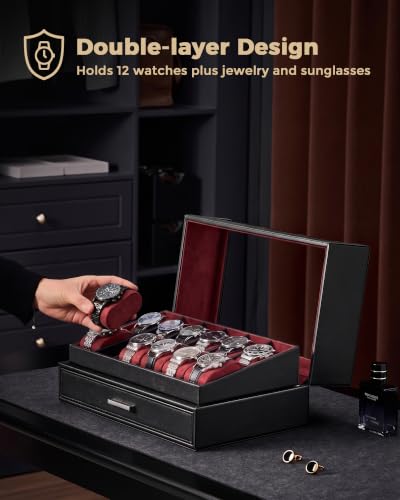 Image of ProCase Watch Box for Men, 12 Slots Watch Display Holder -Winered | Clear Acrylic Top, Large Capacity PU Leather Case with Drawer Organizer, Jewelry Storage, Ideal Gift for Men Women