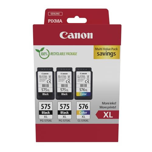 Canon PG 575XL + CL 576XL, Cartuchos de Tinta Original, Tamaño XL, 2 Cartuchos de Tinta Independientes en Color Negro y 1 Cartucho Multicolor, Compatible con Impresoras de Inyección de Tinta PIXMA