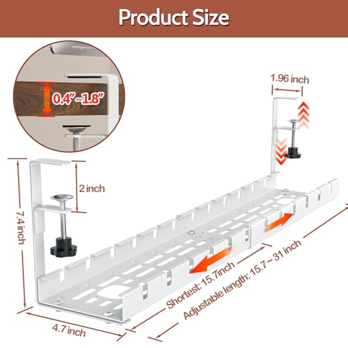 Shikha Cable Management Under Desk, 15.7"-31" Retractable Cable Management Tray, No Drilling Cord Organizer with Clamp for Desk, Under Table Wire Management Tray for Home Office -White