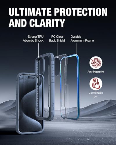 Image of RAPTIC Shield for iPhone 15 Pro, Shockproof Protective Clear Case, Military Grade 10ft Drop Tested, Durable Aluminum Frame, Anti-Yellowing Technology, 6.1 inch, Iridescent